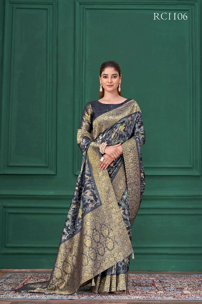 Blue Tussar Silk Jacquard Abstract Digital Print Saree with Unstitched Blouse - Mohira