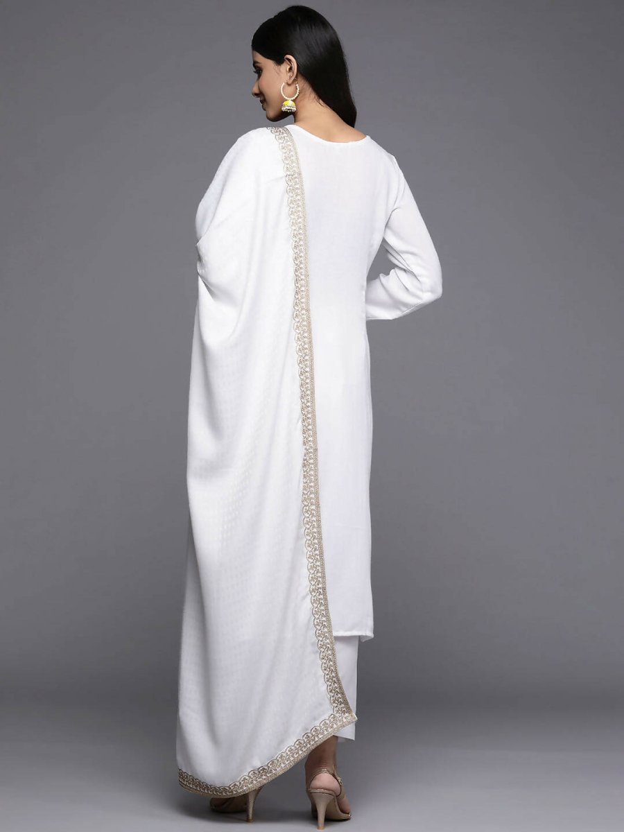 Ahalyaa Women White Ethnic Motifs Embroidered Aari Work Pashmina Kurta with Salwar & With Dupatta - Distacart