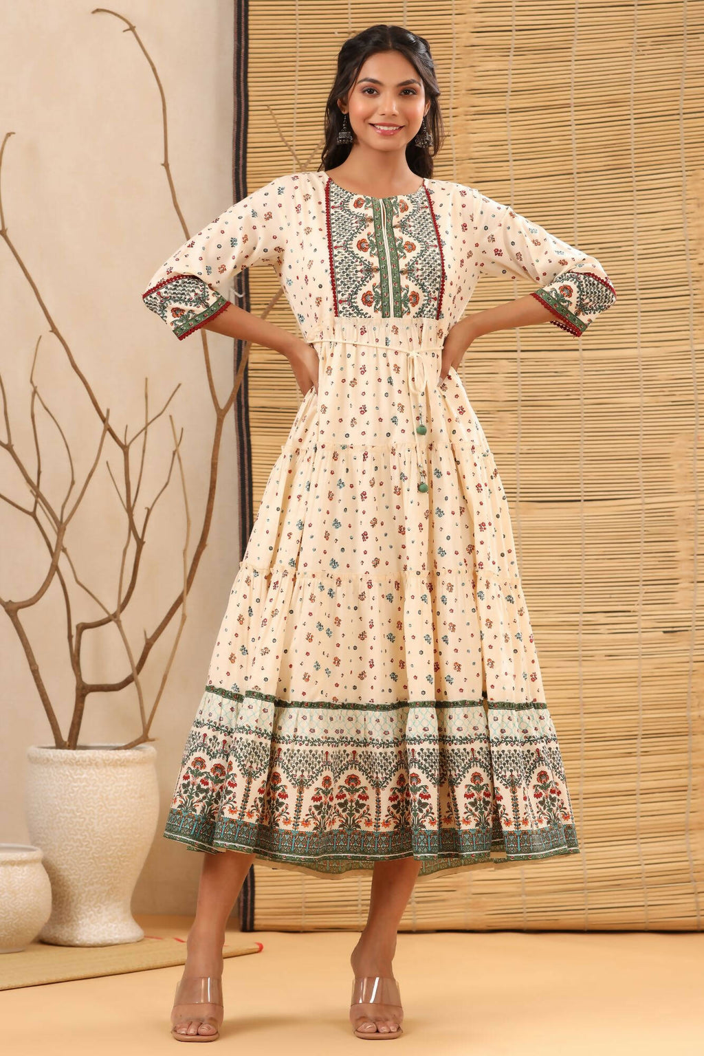 Juniper Women Ivory Cambric Printed Tiered Dress - Distacart