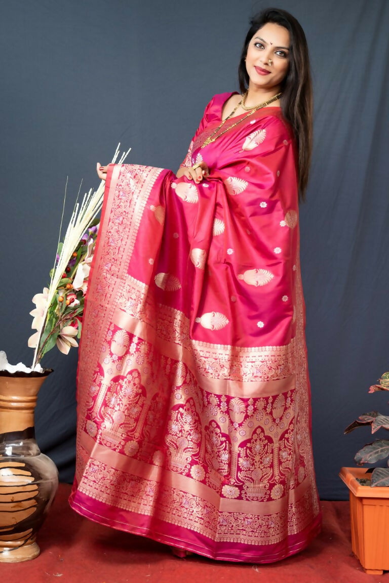 Jyoti Fashion Women's Gajri Red Paithani Silk Zari Woven Saree with Blouse - Distacart