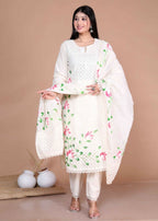 Miravan Women's Cream Hand Block Cotton Pakistani Kurta Palazzo With Dupatta Set