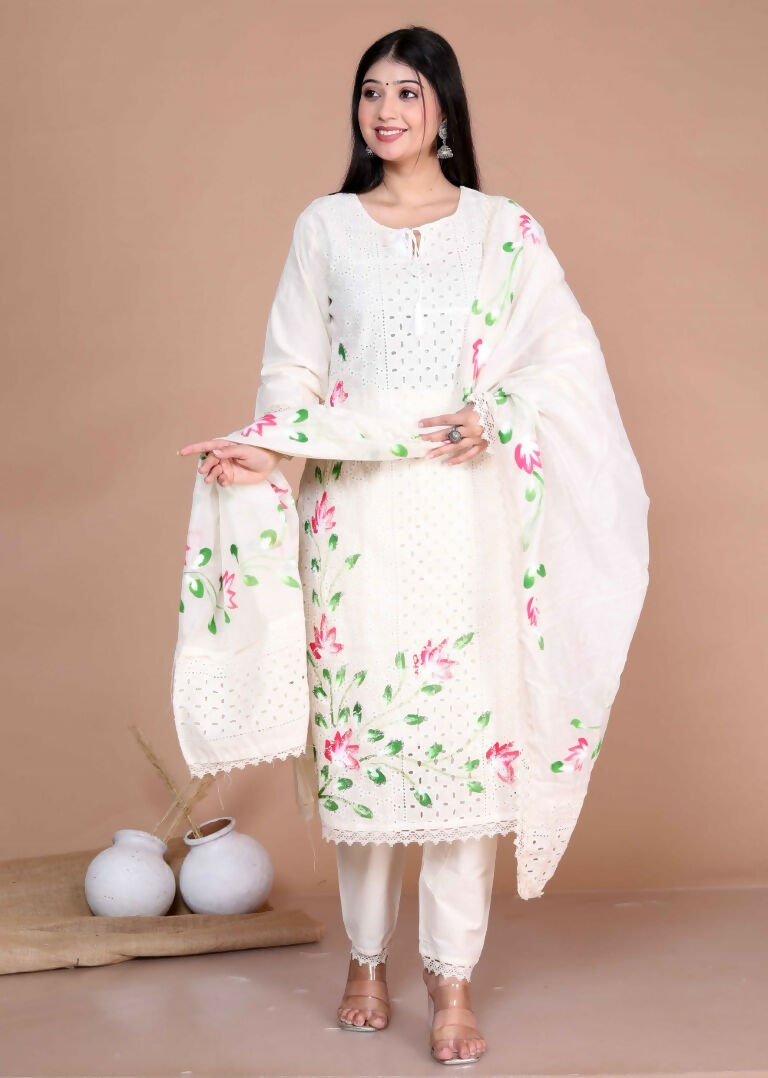 Miravan Women's Cream Hand Block Cotton Pakistani Kurta Palazzo With Dupatta Set
