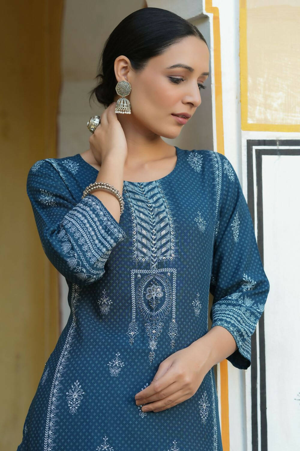 Juniper Women's Blue Rayon Staple Printed Straight Kurta - Distacart
