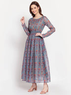 Myshka Women's Multi Printed Organza Full Sleeve Round Neck Casual Maxi Dress