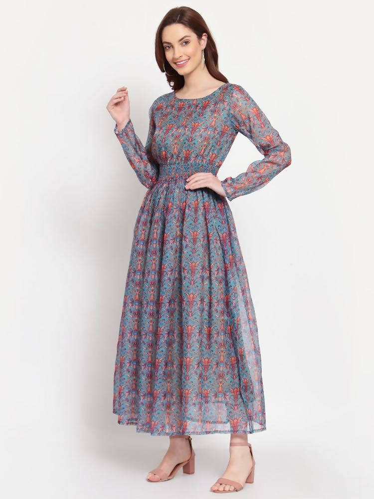 Myshka Women's Multi Printed Organza Full Sleeve Round Neck Casual Maxi Dress