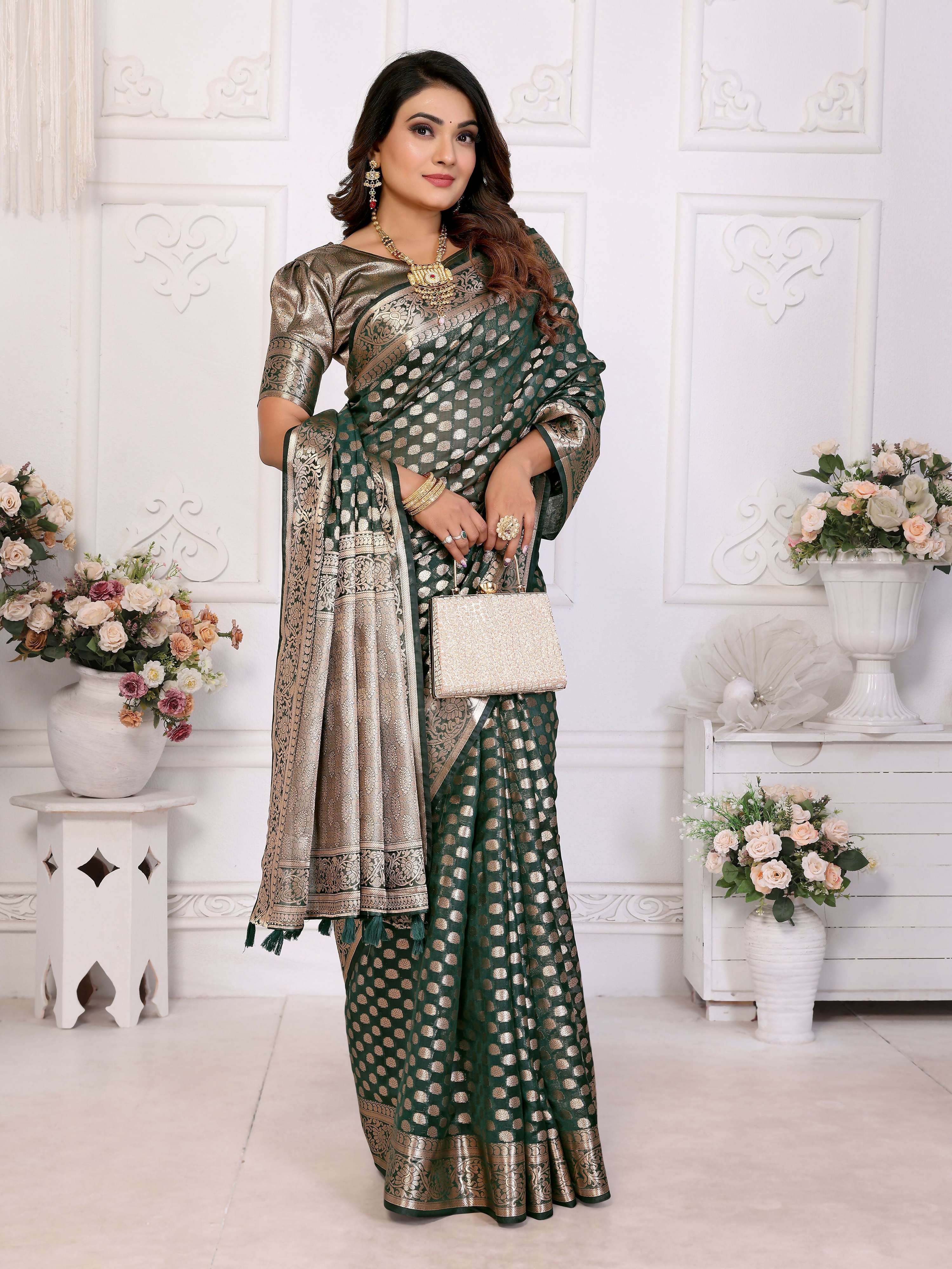 Aastha Fashion Dark Green Organza Silk Weaving Saree - Distacart