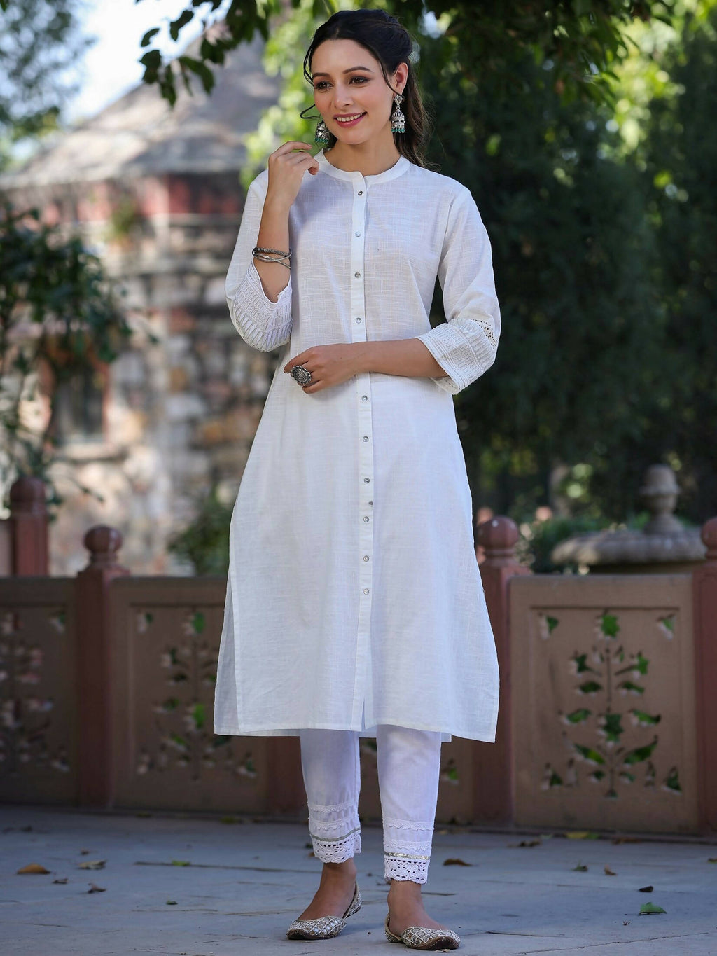 Juniper Women's White Cotton Slub Embroidered Straight Kurta - Distacart