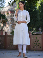 Juniper Women's White Cotton Slub Embroidered Straight Kurta - Distacart