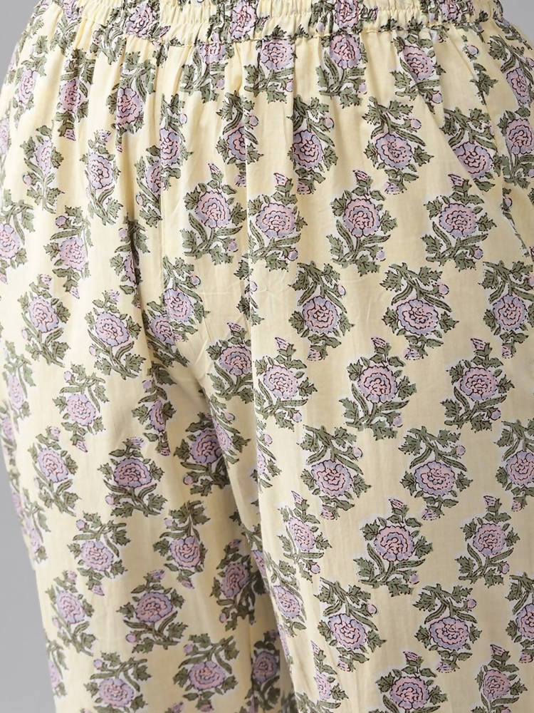 Yufta Women Yellow & Green Floral Handblock Printed Cotton Kurta with Trouser & Dupatta