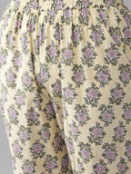 Yufta Women Yellow & Green Floral Handblock Printed Cotton Kurta with Trouser & Dupatta