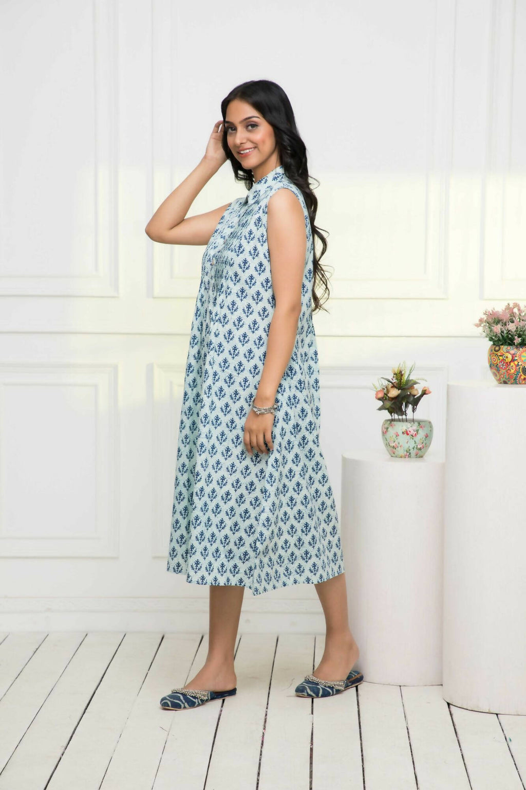 Myshka Women Blue Ethnic Motifs Cotton A-Line Mandarin Collar Dress - Distacart