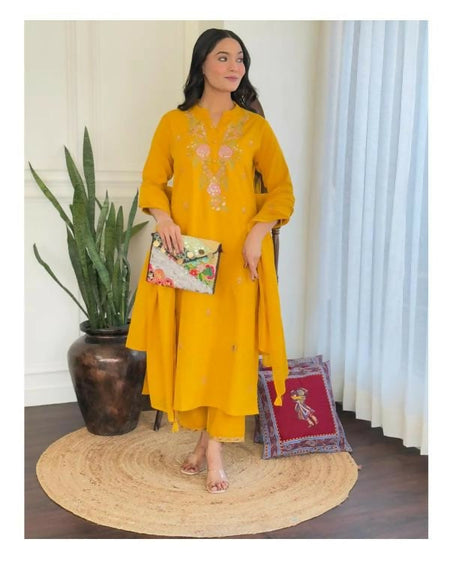 The52 Women's Beautiful Rayon Slub Fabric Embroidery Work Straight Kurta Pant and Dupatta Set