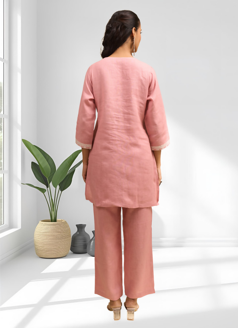 Joban Fashion Pink Linen Embroidered Readymade Cord Set - Distacart