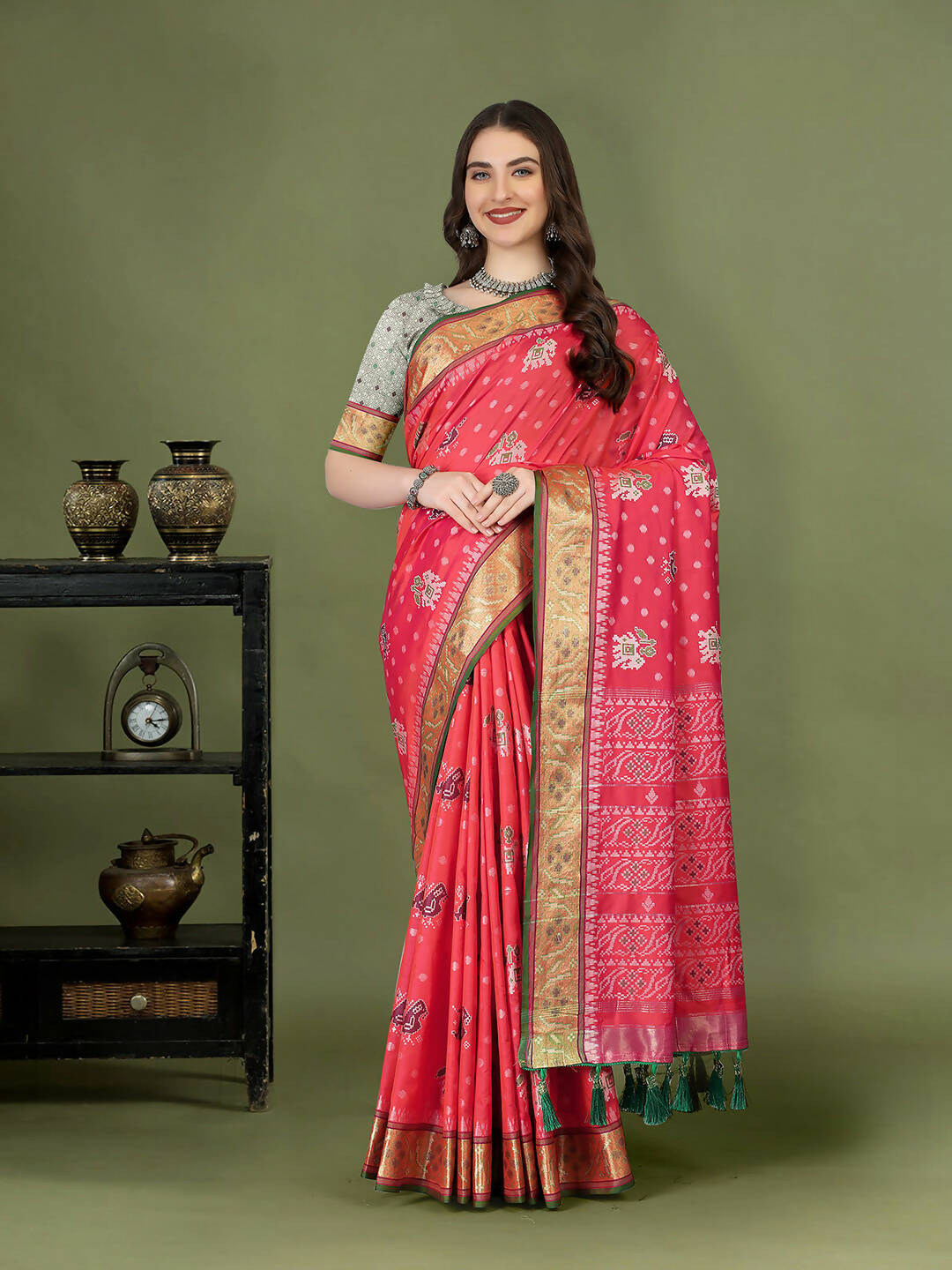 Lorenvalley Fashion Peach Patola Silk Woven Design Zari Meenakari Weaving Saree