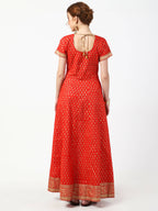 Cheera Women's Red Cotton Hand Block Print Long Dress With Silk Dupatta Set