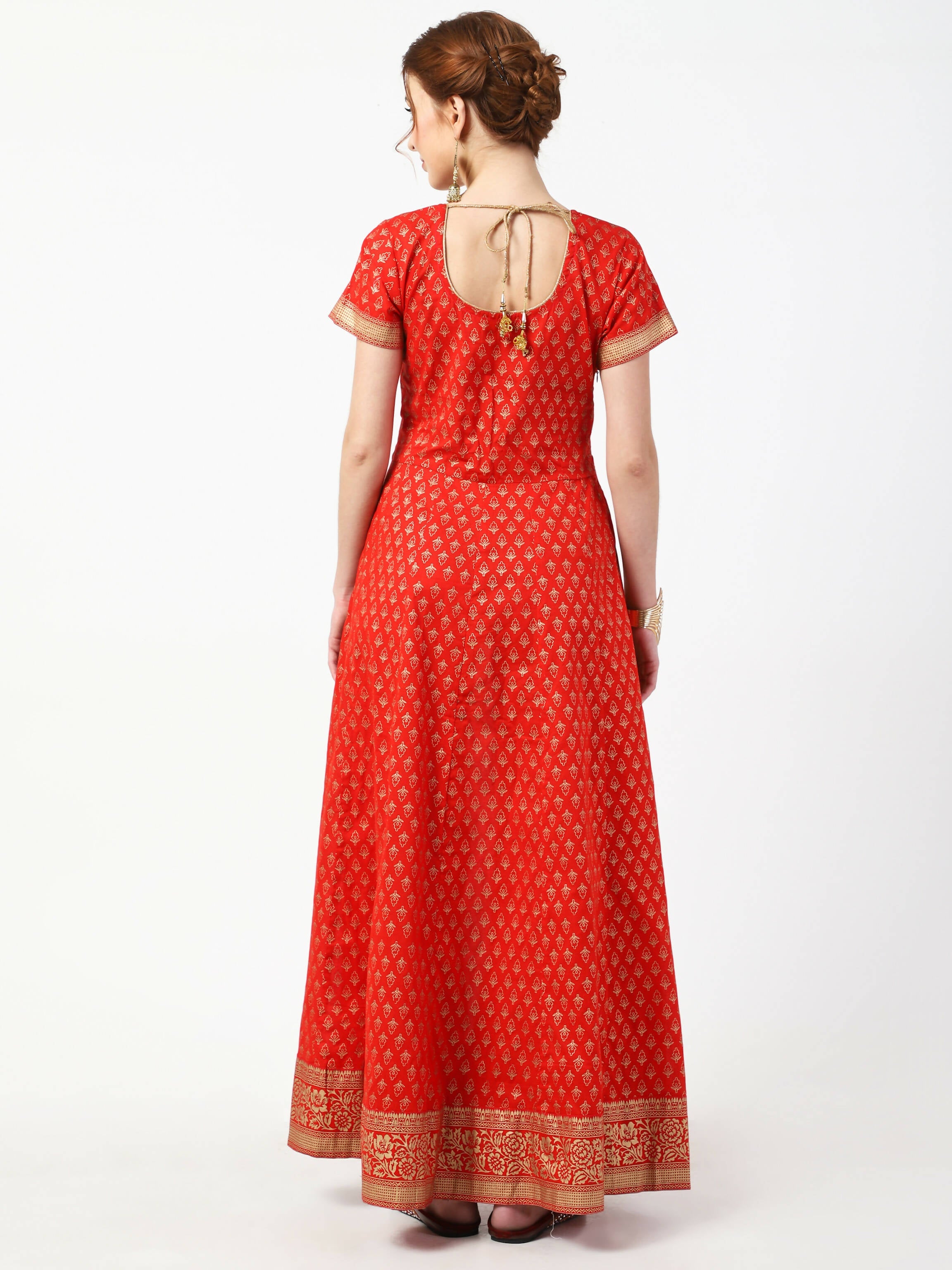 Cheera Women's Red Cotton Hand Block Print Long Dress With Silk Dupatta Set