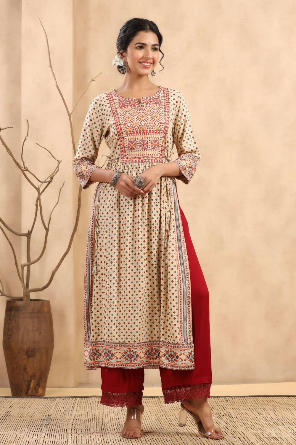Juniper Women's Beige Rayon Printed Embroidered Straight Kurta - Distacart