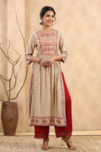 Juniper Women's Beige Rayon Printed Embroidered Straight Kurta - Distacart