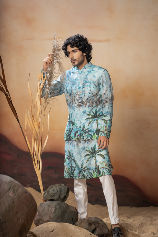 Palm Trees Relaxed Hues Printed Silk Nehru Jacket Set by Hilo Design