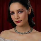 Mufli (peanut) Kundan Neckpiece with Meenakari and American Diamonds (Silver) - Ruby Raang