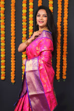 Jyoti Fashion Women's Pink Kanjivaram Silk Zari Woven Saree with Blouse