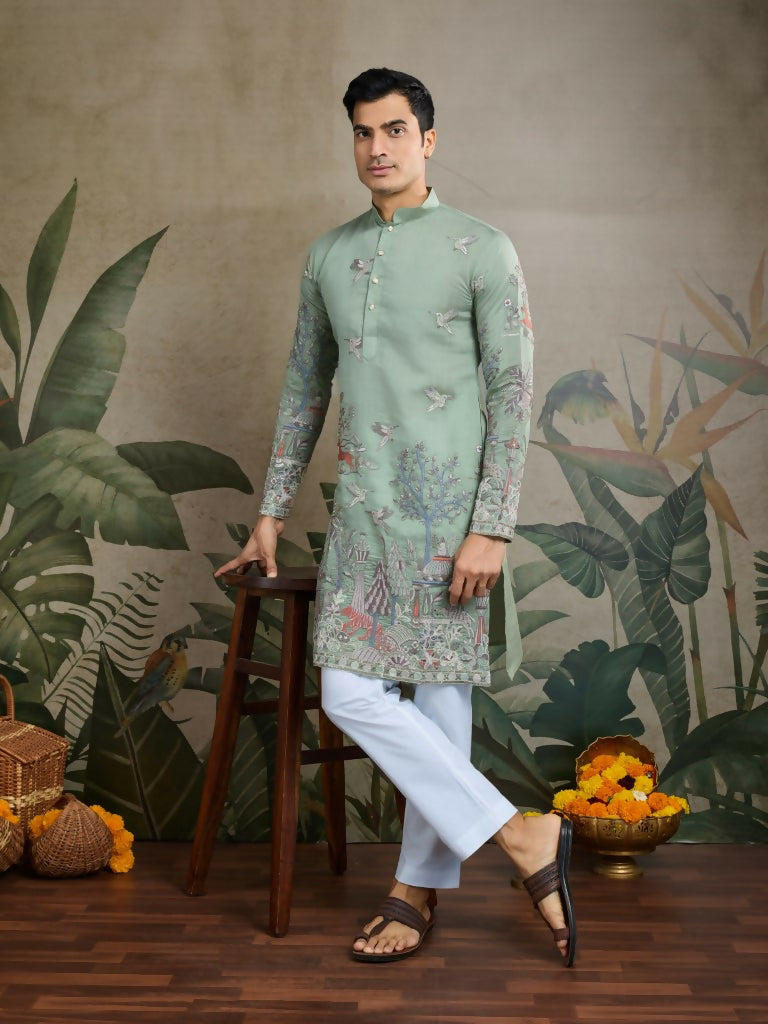 Vastranavya Pista Green Exclusive Festival Wear Viscose Silk Thread & Sequence Embroidered Work Kurta