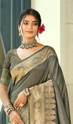 Sangam Prints Gray Blue Assam Silk Woven Work Traditional Saree