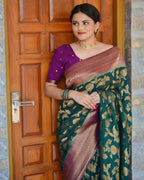 DEIANA'S Beautiful Designer Golden zari Soft Lichi Silk Saree - Teal