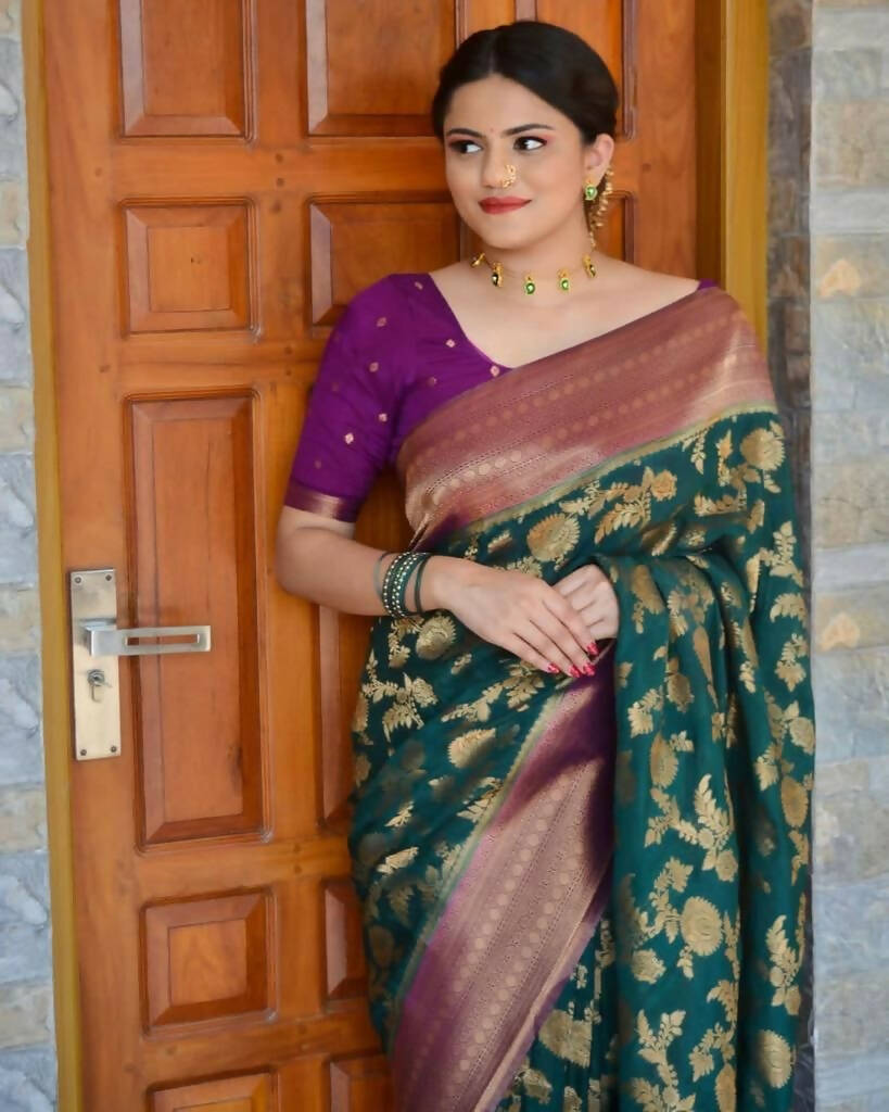 DEIANA'S Beautiful Designer Golden zari Soft Lichi Silk Saree - Teal