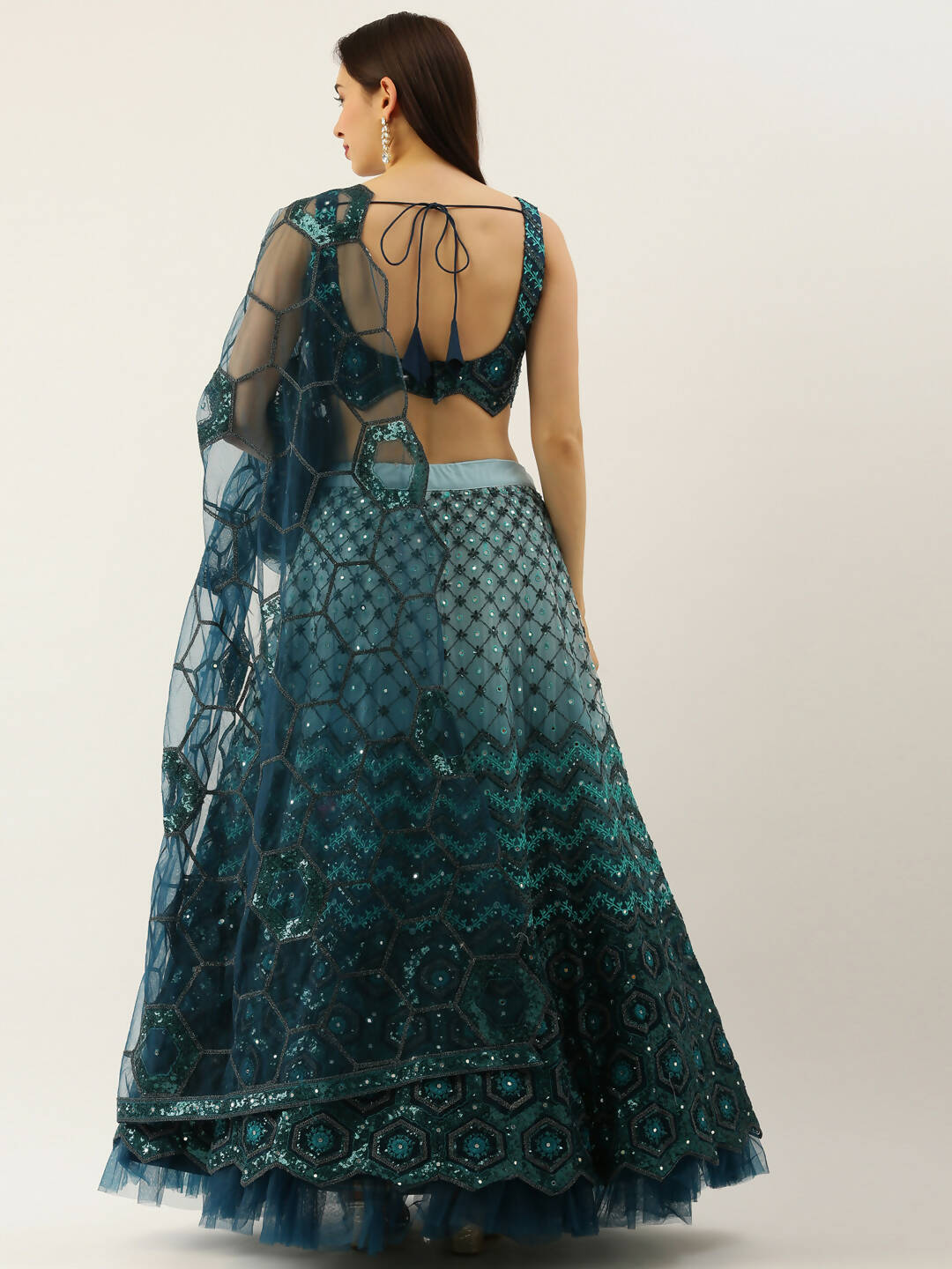House of Panchhi Women Teal Net Embroidered Sequins Lehenga & Blouse with Dupatta