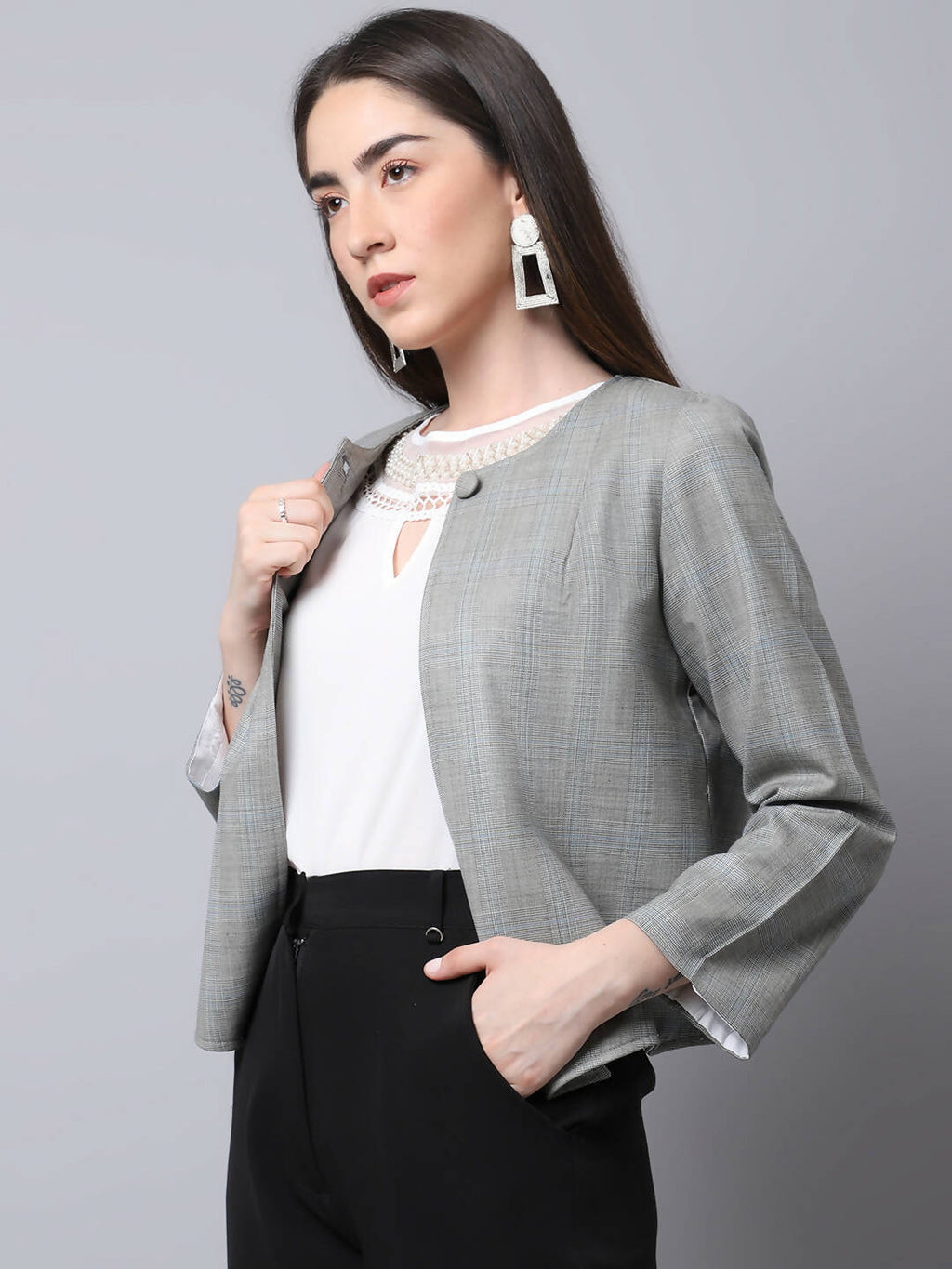 Even Apparels Grey Polywool Open Front Statement Women's Jacket (BF662)
