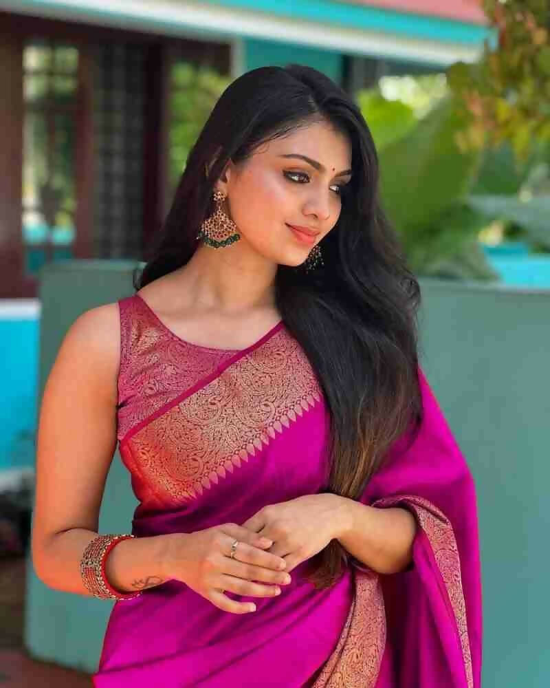 DEIANA'S Beautiful Designer Golden zari Soft Lichi Silk Saree - Pink