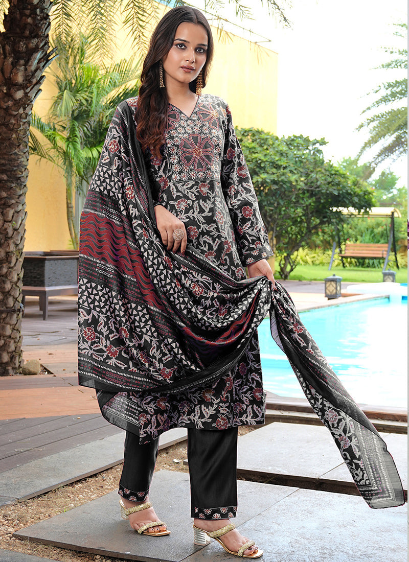 Prazu Fashion Black Cotton Silk Floral Printed Thread Sequence Salwar Suit - Distacart