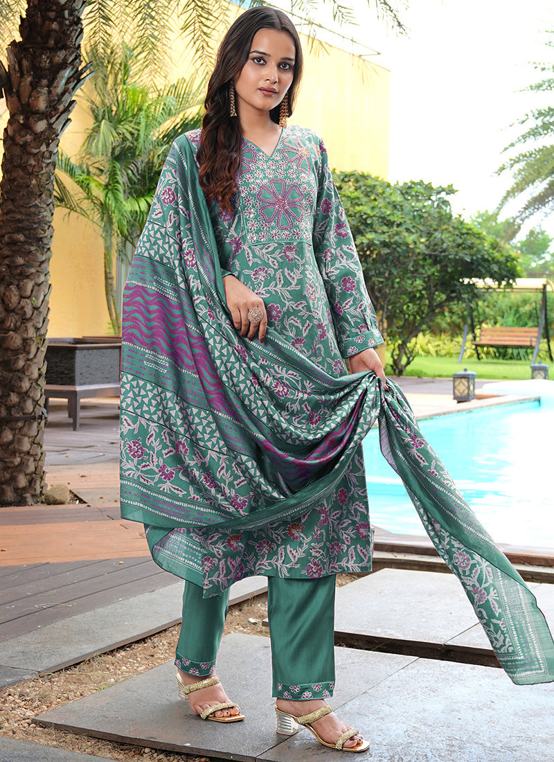 Prazu Fashion Teal Green Cotton Silk Floral Printed Thread Sequence Salwar Suit - Distacart