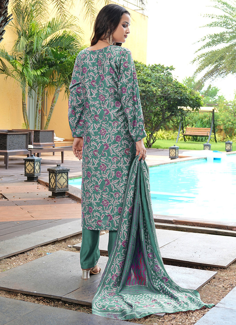 Prazu Fashion Teal Green Cotton Silk Floral Printed Thread Sequence Salwar Suit - Distacart
