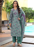 Prazu Fashion Teal Green Cotton Silk Floral Printed Thread Sequence Salwar Suit - Distacart