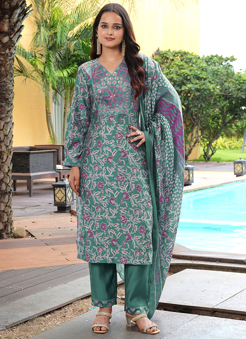 Prazu Fashion Teal Green Cotton Silk Floral Printed Thread Sequence Salwar Suit - Distacart