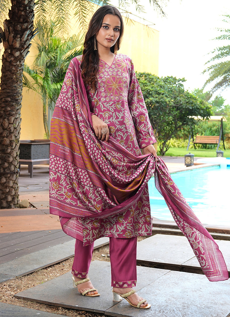 Prazu Fashion Maroon Cotton Silk Floral Printed Thread Sequence Salwar Suit - Distacart