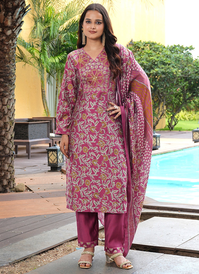 Prazu Fashion Maroon Cotton Silk Floral Printed Thread Sequence Salwar Suit - Distacart