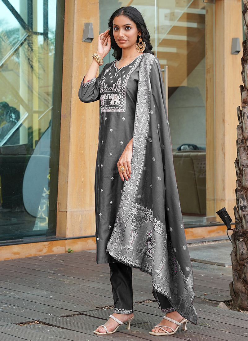 Prazu Fashion Grey Art Silk Thread Sequins Embroidered Wedding Suit - Distacart