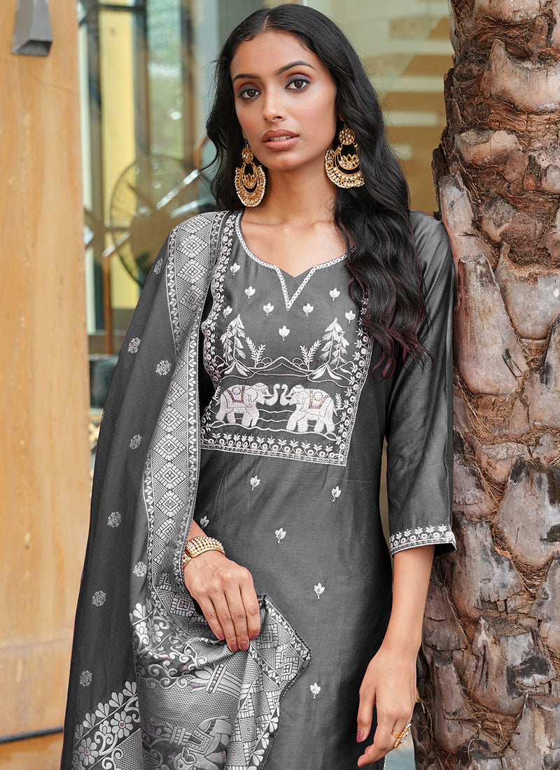Prazu Fashion Grey Art Silk Thread Sequins Embroidered Wedding Suit - Distacart