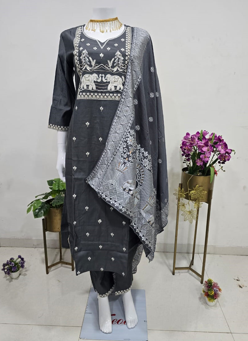Prazu Fashion Grey Art Silk Thread Sequins Embroidered Wedding Suit - Distacart