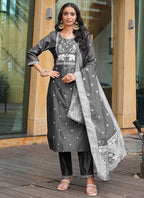 Prazu Fashion Grey Art Silk Thread Sequins Embroidered Wedding Suit - Distacart