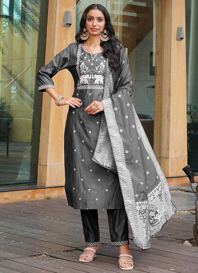 Prazu Fashion Grey Art Silk Thread Sequins Embroidered Wedding Suit - Distacart
