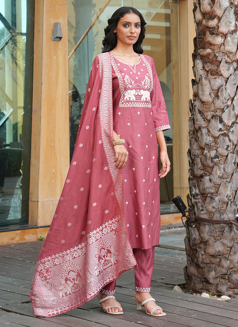 Prazu Fashion Peach Art Silk Thread Sequins Embroidered Wedding Suit - Distacart