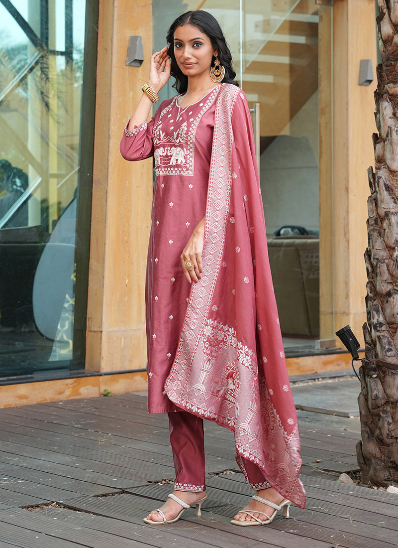 Prazu Fashion Peach Art Silk Thread Sequins Embroidered Wedding Suit - Distacart