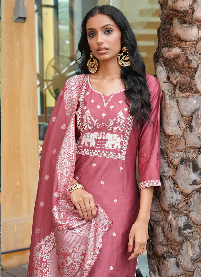 Prazu Fashion Peach Art Silk Thread Sequins Embroidered Wedding Suit - Distacart