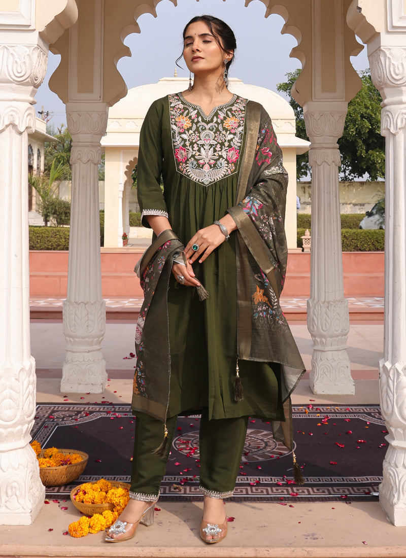 Prazu Fashion Mahendi Cotton Silk Thread Sequence Designer Salwar Suit - Distacart