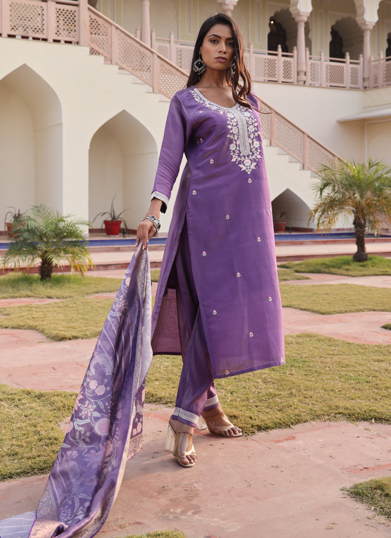 Prazu Fashion Lavender Shimmer Silk Thread Embroidered Salwar Suit - Distacart