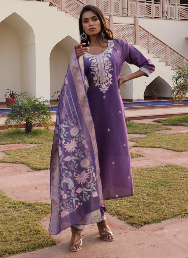 Prazu Fashion Lavender Shimmer Silk Thread Embroidered Salwar Suit - Distacart